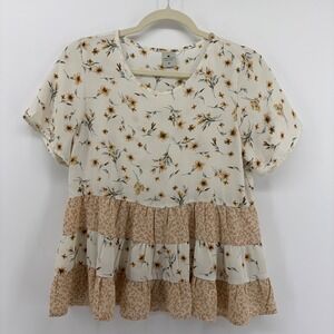 Paper Crane Babydoll Top Cream Floral Womens Size S Tiered Ruffle Cottagecore